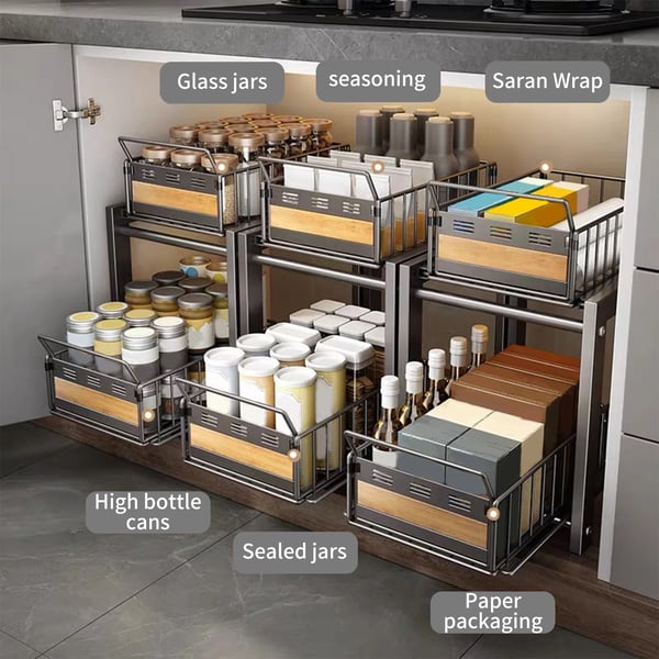 Under-sink opbevaringshylde, multi-lags udtrækbar organizer,sort