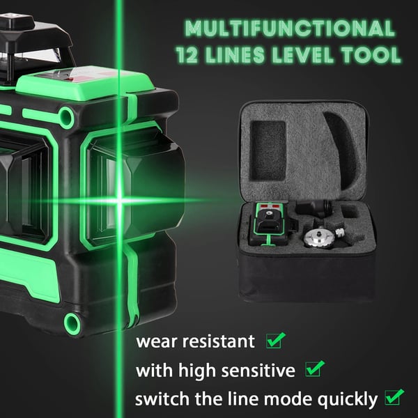 Laser Niveaustav, 12 Laserlinjer, Vandtæt og Støvafvisende,2stk batterier