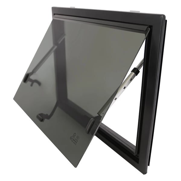 Skub-ud vindue, 600mm x 450mm, Aluminiumlegering materiale, Åbner ved 65°, Egnet til RV-installationer, Indbygget skærm til insektbeskyttelse