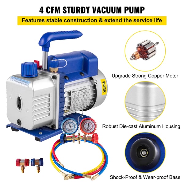 VEVOR Vakuumpump, Luftöverföring, 1/4 HP Effekt, 4CFM
