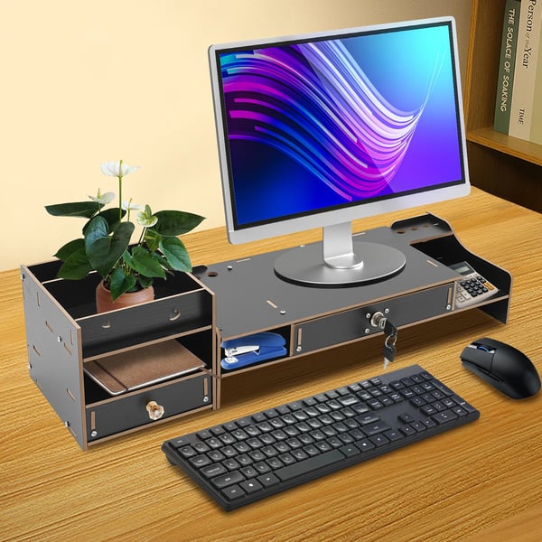 Datormonitorställ, Ergonomisk Design, Låsbart Fack,svart