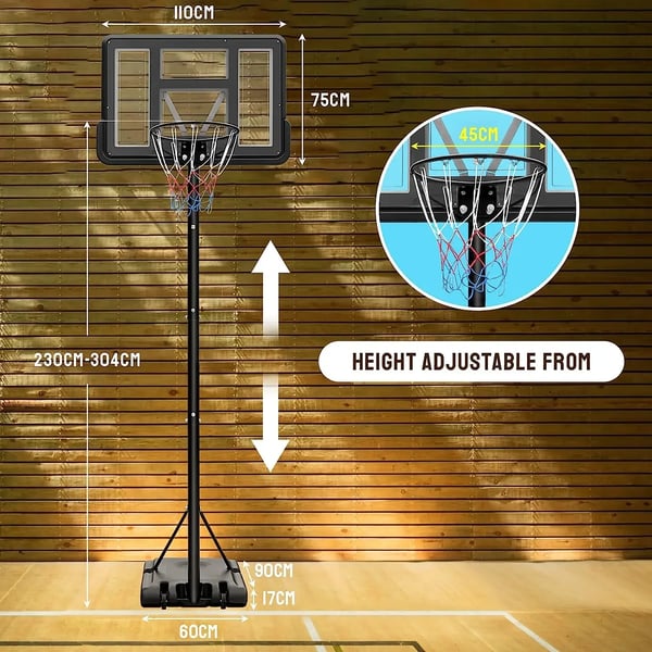 Basketballkurv, Justerbar højde 230-304 cm, Bærbar med hjul, Bagplade 110 x 75 cm, Base dimensioner 90 x 60 x 15 cm, Ringdiameter 45 cm