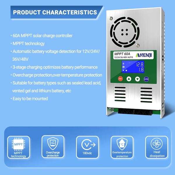 Solcellelader, MPPT-teknologi, Multifunktionel LCD-skærm,60A, ANJ-48V-60A, 48 V