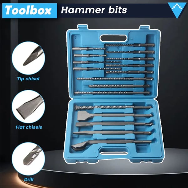 Impact Bor Sæt, Højkvalitets Stål, 17 Stykker, Passer til Standard Elektriske Hammerbor, 5 til 12 Tommer, Inkluderer Plast Opbevaringskasse