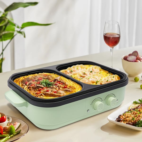 Hot Pot Koger, Dobbelt Temperaturkontrol, Non-Stick Stegepande,34cm, grøn