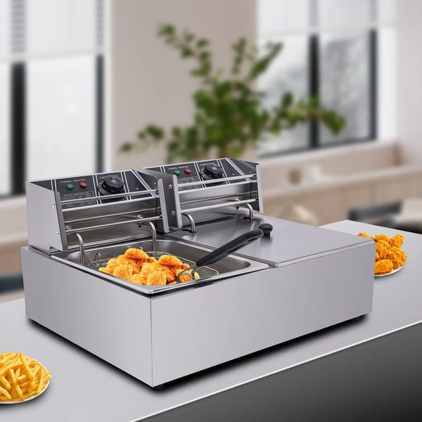 Elektrisk frituregryde, 3200W effekt, 12.7QT kapacitet, temperaturinterval 140°F-392°F, rustfrit stål konstruktion, dobbelt friturekurve