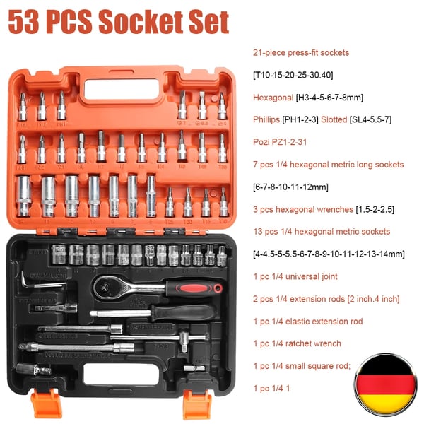 Ratskruetrækkersæt, Kombinationsværktøjssæt, Holdbar Metal Konstruktions,ORANGE RØD, 53Pcs
