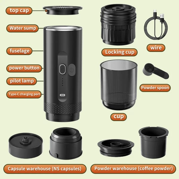 Bærbar Kaffemaskine, 80 ml Vandtank, 7500 mAh Batteri, 20 Bar Tryk, 92°C Ekstraktionstemperatur, Trådløs Design