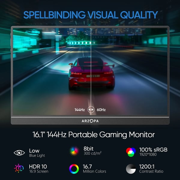 Bærbar Gaming Skærm, 144Hz Opdateringsfrekvens, 1920x1080 Opløsning,16.1 144hz Z1FC