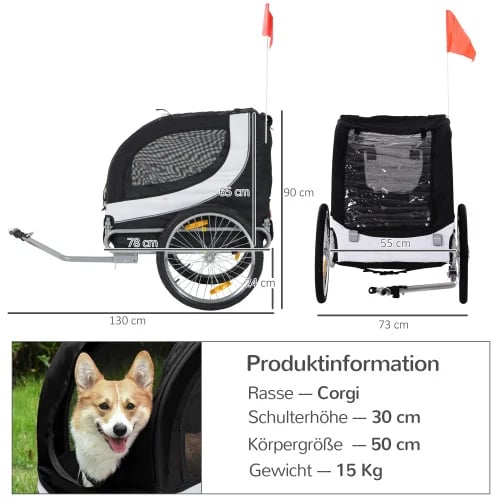 Hundsläp, 130L x 73B x 90H cm, Lämplig för Medelstora Hundar, Robust Stålram, Pneumatiska Däck, Två Ingångar