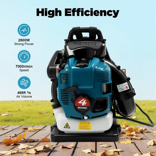 Rygsæk Blæser, 75,6 cc, 2,6 kW, 498 ft³/s Luftvolumen, Brændstoftank: 1,9 L, Dimensioner: 32 x 23 x 56 cm