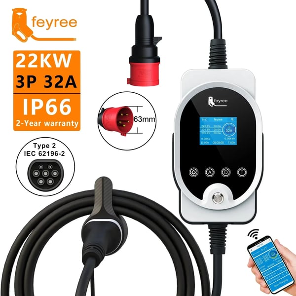 EV bærbar oplader, 22KW effekt, smart app kontrol,TYPE2, 22KW APP NEJ Adapter