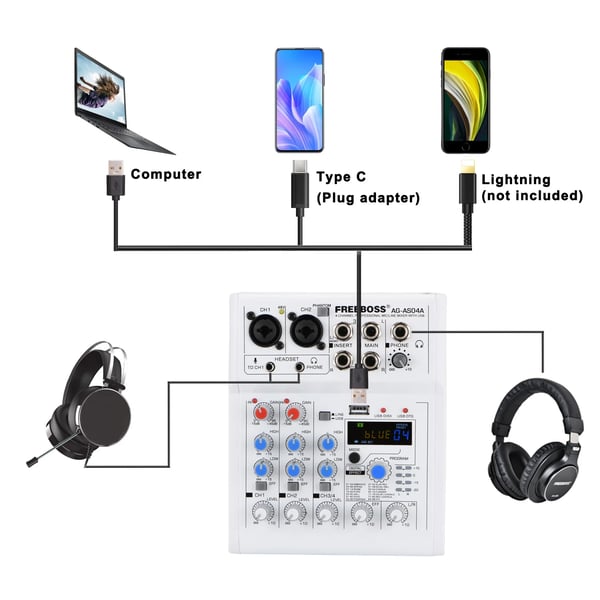 FREEBOSS Mixerkonsol, 4 Kanaler, Bluetooth-funktion,EU-stik
