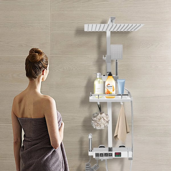 Digital brusesystem, justerbar højde 75-110 cm, messingmateriale, flere håndholdte spraytilstande, arbejdstemperatur 10-100℃