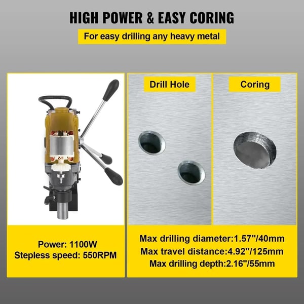 Magnetboremaskine, 1100W Effekt, 1,57 tommer Maksimal Boring Diameter, 2,16 tommer Maksimal Boring Dybde, 30 lb Vægt, 220V Nominel Spænding