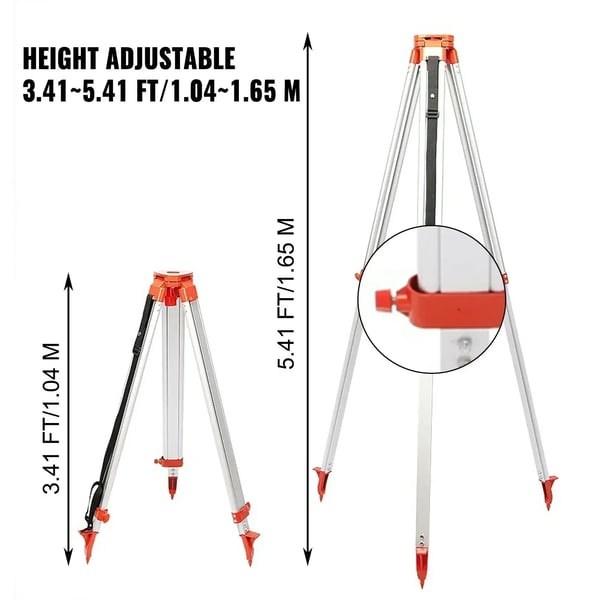 Laser Niveau Stativ, Aluminium Materiale, Justerbar Højde 1,04 - 1,65 m, Stanglængde 5 m, Stativvægt 3,6 kg, Stangvægt 1,6 kg