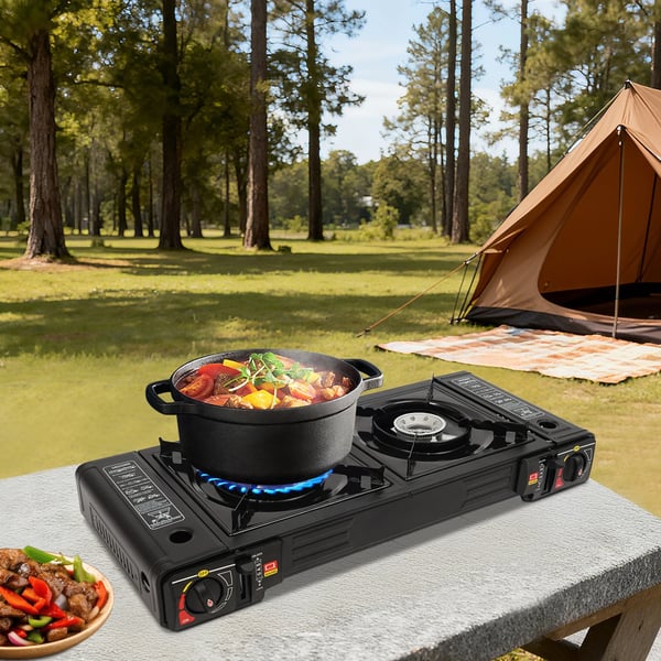 Campingkomfur, Aluminiumlegering og Jernkonstruktion, Kompakt Design, 2 Brændere, 2500W Effekt Hver, CE Certificeret