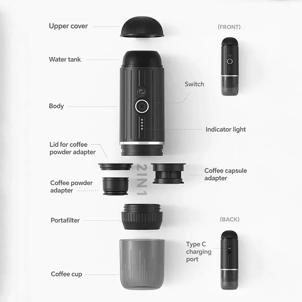 Espresso-kahvinkeitin, kannettava muotoilu, täysin automaattinen,musta