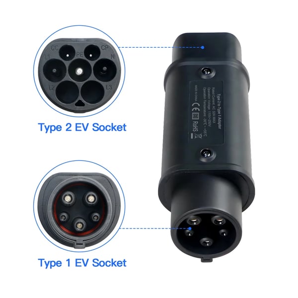 EV-laderadapter, 7,2 kW effekt, IP54 klassificeret,Type2 til Type1, Type 2 til Type 1