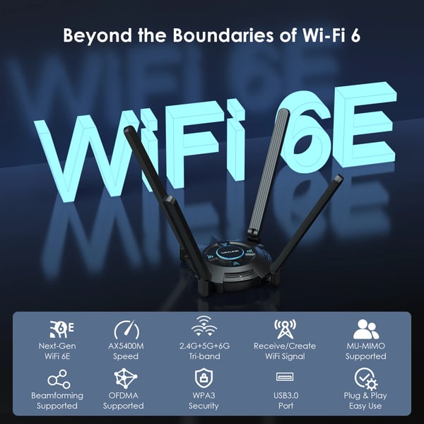 WAVLINK USB WiFi-adapter, AX5400 Tri-Band 2.4/5/6GHz, 4 højtydende antenner,2,4 5 6GHz
