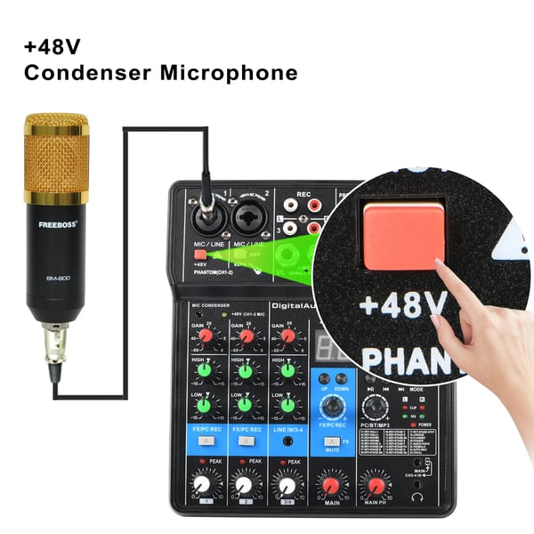 TEYUN Lydmixer, 4 Kanaler, Bluetooth-forbindelse,EU STIK