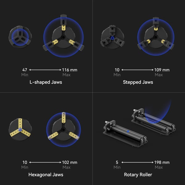 Rotary Modul til Lasergravører, Aluminiumlegering, 20 x 10 x 15 cm, Understøtter Genstande Op til 10 cm Diameter, Kompatibel med Y-akse Motor