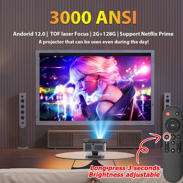 Projektor, 45000 Lumen, 4K Kompatibilitet,EU Stik, 128G AutoFocus