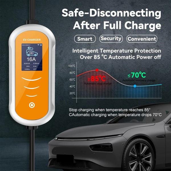 EV-lader, Bærbart design, Justerbar strøm,3.5KW 16A 1 fase 5M, Type2