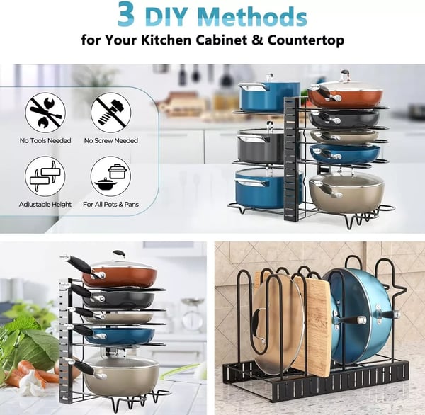 Pot Rack Organizer, Justerbare Lag, Holdbar Jernkonstruktion,sort
