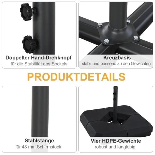 Parasolfod, HDPE-materiale, 80 cm samlede dimensioner, 40 cm hver foddimension, 15 liter kapacitet, fire-delt samling