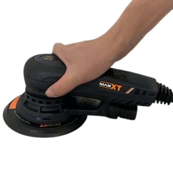 Elektrisk orbital sliber, 150 mm hjuldiameter, 350W nominelt inputeffekt, 1800 omdr./min tomgangshastighed, 2,3 kg vægt, ergonomisk design