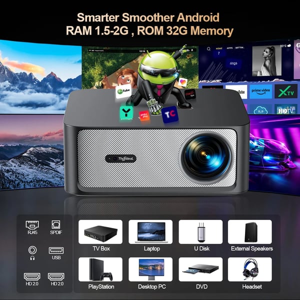 Projektor, Full HD-upplösning, stöder 4K-avkodning,Android-version