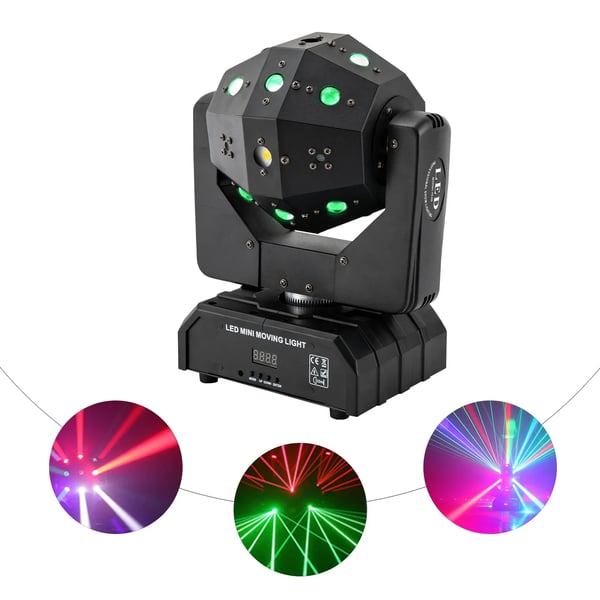Bevægelseshovedlys, 16 RGB LED'er, 360° Rotation, Lydaktiveret, DMX512 Kontrol, Automode