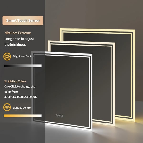 LED Badeværelsesspejl, Firkantet Form, 800 x 800 mm, Effekt 24W, Farvetemperatur 3500K-6500K, Vandtæt IP44