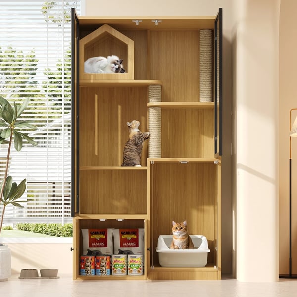 Katte Skab, Lugt Isolering, Nem Vedligeholdelse,Ahorn+MDF+Glas