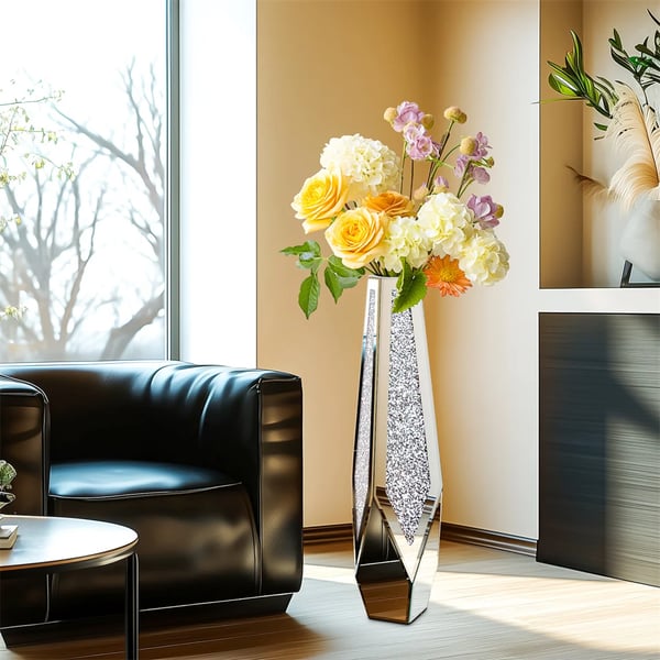 Blomsterkrukke, Elegant Spejlfinish, Krystal Indlæg Design,Gulvvase