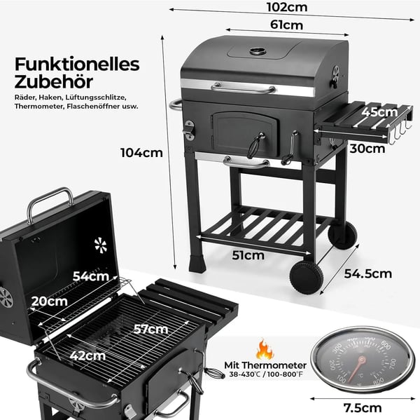 Kolgrillvagn, Grillgaller 57x42 cm, Värmeisolerad Grill 54x20 cm, Justerbar Ventilation 4, Inbyggd Termometer, Höjdjusterbar Kolskål