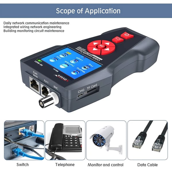 Netværkskabeltester, længdemåling op til 2000m, POE-funktion, flere scanningsmuligheder,NF-8601