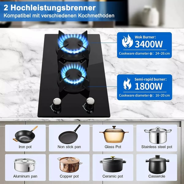 2-brænder gasblus, dual brændstofkapacitet, nem at rengøre keramisk glas, europæisk design