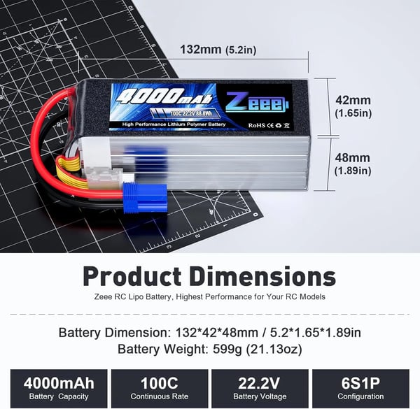 Zeee Litium-polymeeriakku, 4000mAh kapasiteetti, 22.2V jännite,2 kpl 6S 4000 EC5