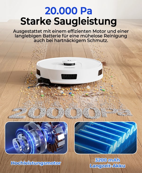 Robotstøvsuger, 20000 Pa sugeevne, 3200 mAh batteri, 3-i-1 rengøring, LiDAR navigation, 3.8 L støvbeholder