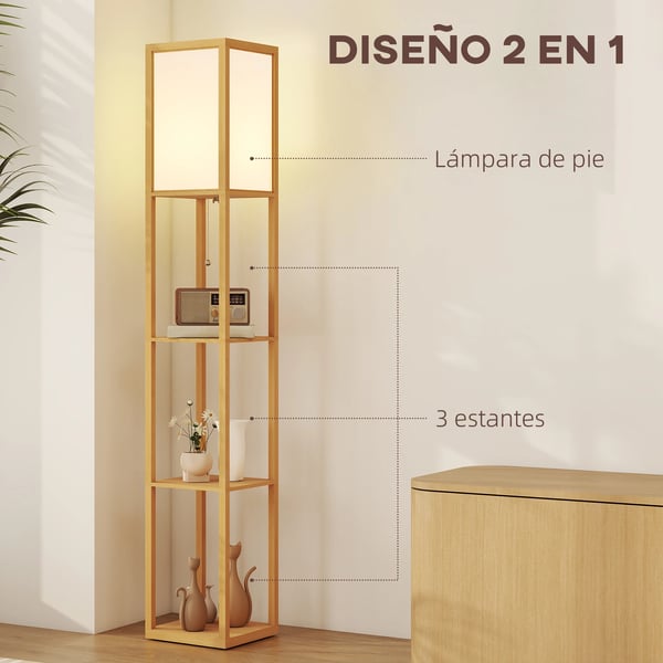 Gulvlampe, Moderne Trædesign, Integrerede Opbevaringshylder,Naturligt Træ