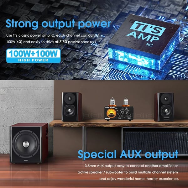 Nobsound HiFi Bluetooth-forstærker, 100W udgangseffekt, understøtter USB- og koaksialindgange, elegant design med VU-meter.