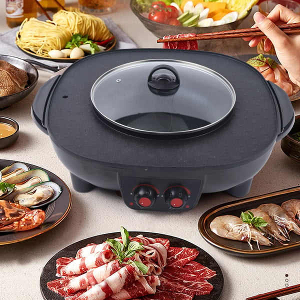 Elektrisk Hot Pot Grill, Dobbelt Temperaturkontrol, Røgsfri Madlavning, Holdbar Non-Stick Pande