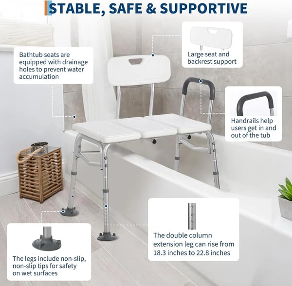 Badekar Transfer Bænk, Justerbar Højde 46,5-58 CM, Vægtkapacitet 136 kg, Aluminium 6063 T5, Samlet Størrelse 78-80*55-60*81,5*93 CM