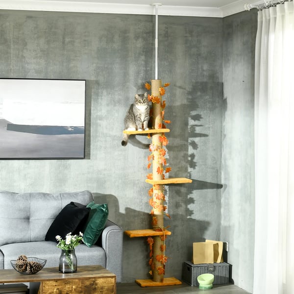 Kattetræ, Træmateriale, Højdejusterbar 202-242 cm, Fire lag, Orange platforme, Velegnet til katte