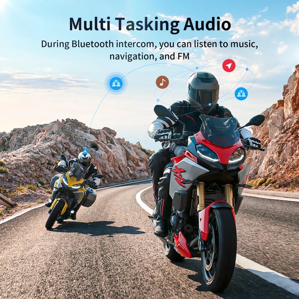 Motorcykel Intercom, Bluetooth Dual Chip BT5.4, Maximal Kommunikationsavstånd 2000M, Vattentät IP67, HIFI Högtalare 40mm, Stöder Upp Till 10 Åkare