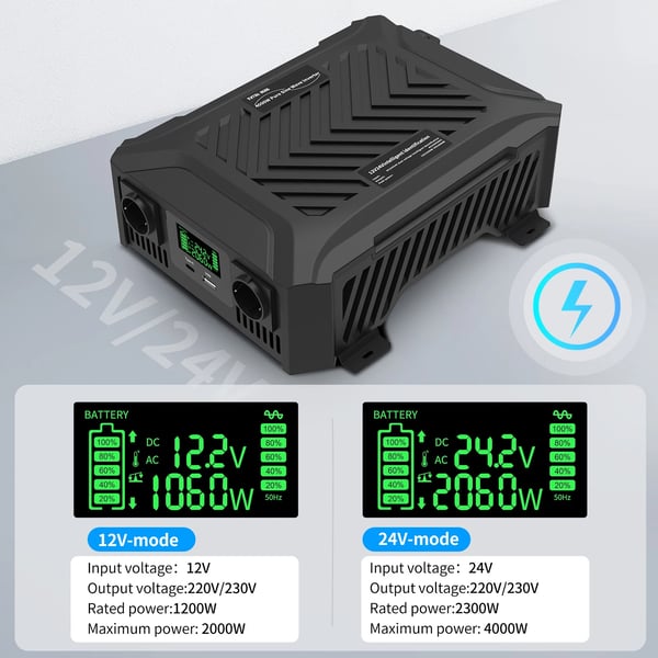 Inverter, Bærbar Dual Voltage, Ren Sinus Bølge Udgivelse,12V1200W-24V2300W