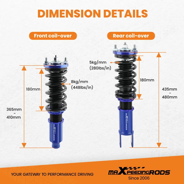 Coilover affjedringskit, vare længde 63 cm, vare bredde 43 cm, vare højde 34 cm, forårsrate 8 kg/mm, bagforårsrate 5 kg/mm