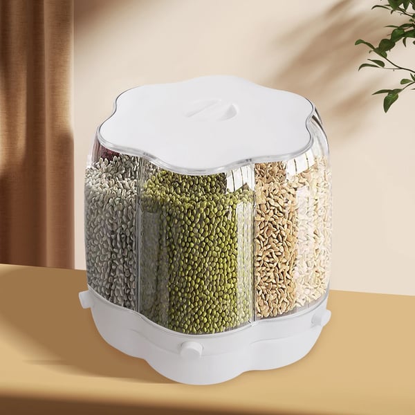 Cereal Dispenser, 360° roterende design, 6-rums opbevaring,HVID